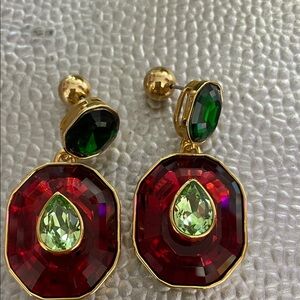 Swarovski Gold-Tone Red and Emerald Green Crystal Drop Earrings